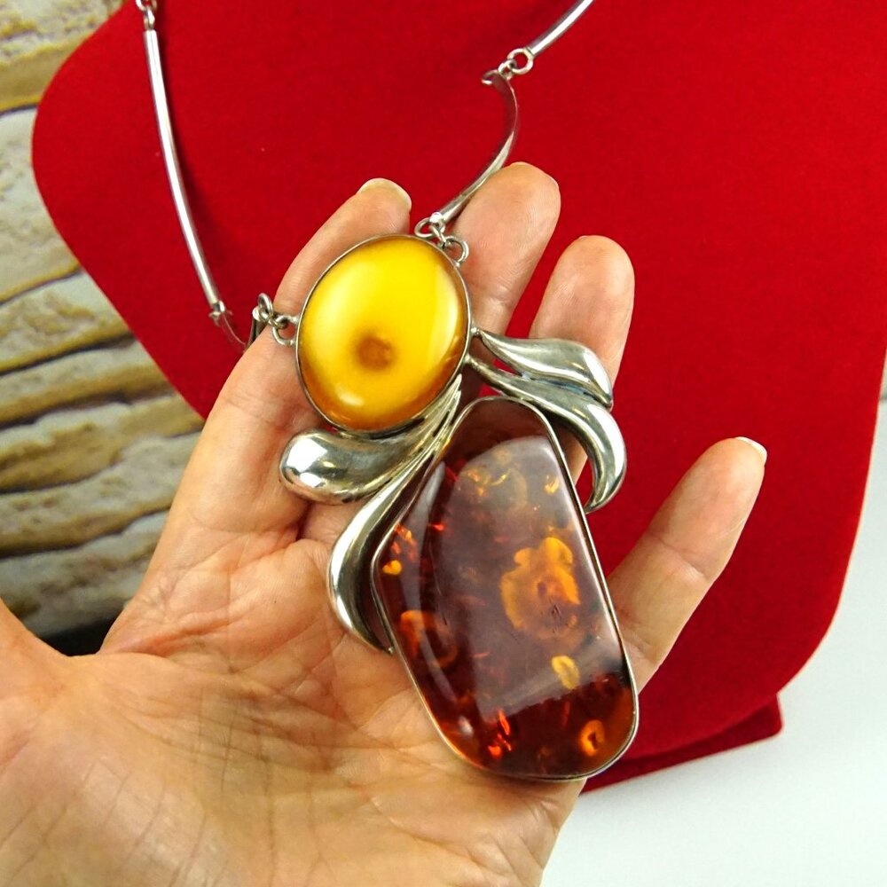 Super Giant Heavy Amber & 925 Silver Link Necklace - Rare Jewelry Gift For Her